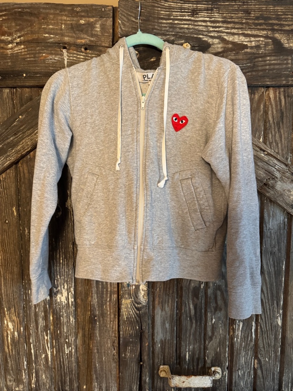 Comme des Garcons Grey Zip Hoodie with Red Heart Patch